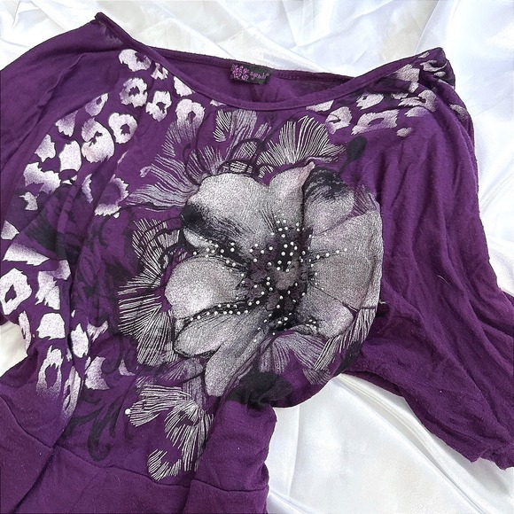 Agenda Tops - Agenda Womens Purple Floral Leopard Graphic Top Rhinestone Short Sleeve Blouse